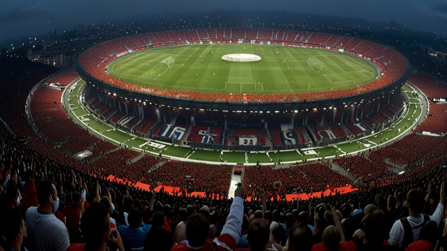 A panoramic view of San Siro Stadium in Milan filled with passionate fans during the Coppa Italia semi-final derby