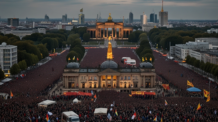 Crowds gather in Berlin during a political protest with the city’s iconic landmarks in the background, reflecting ongoing social and political tensions in 2025.