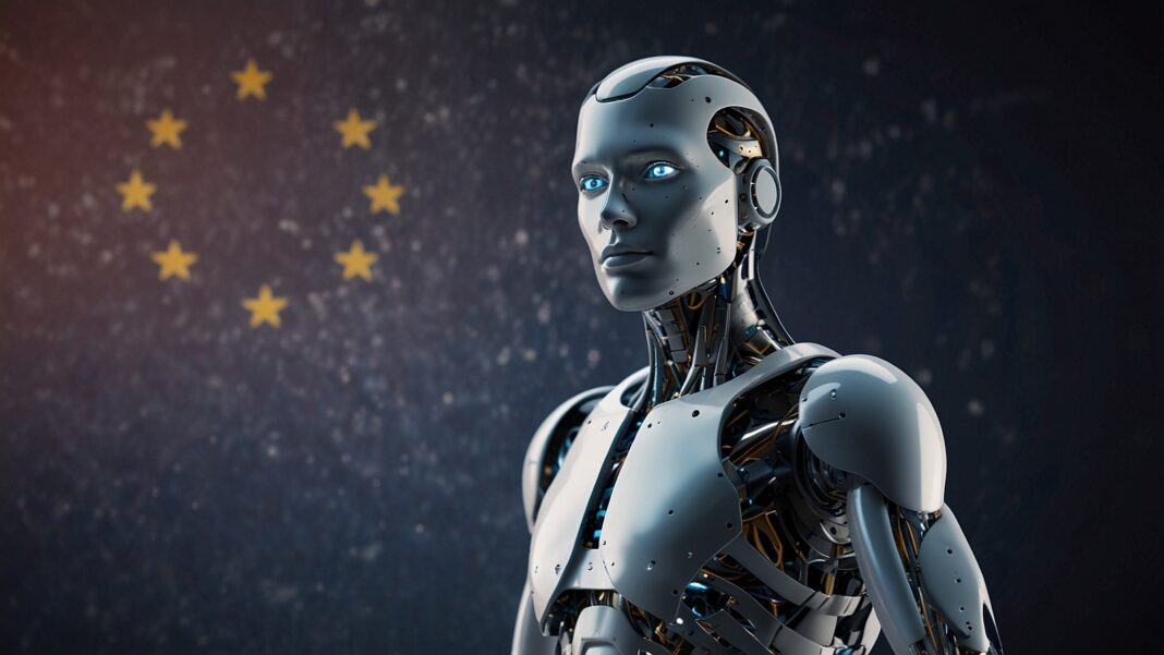 A group of European researchers and entrepreneurs working together with computers and digital screens in a bright AI innovation center