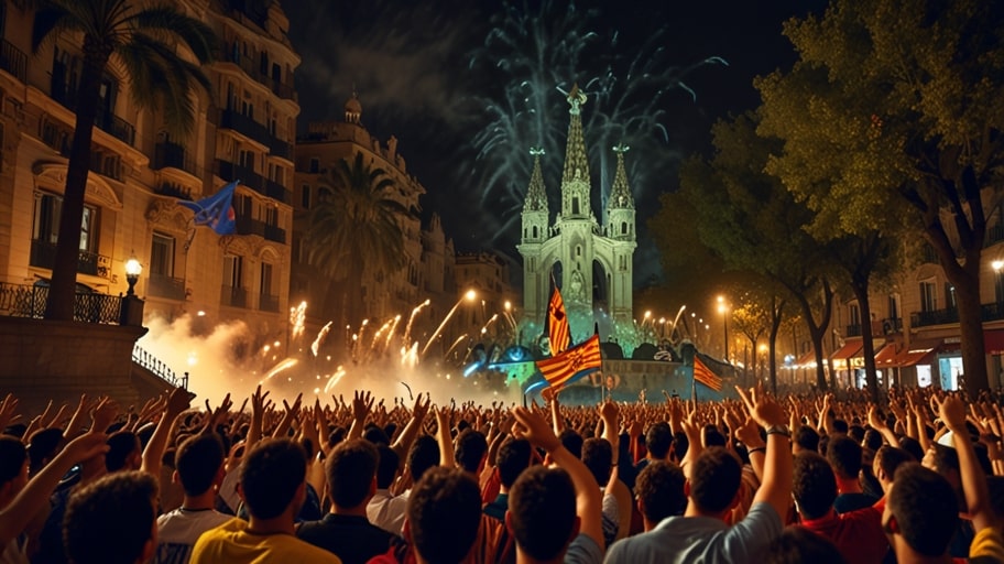 Thousands of jubilant Barcelona football fans celebrate at the Canaletes fountain, waving flags and lighting fireworks in the city center after a major victory.