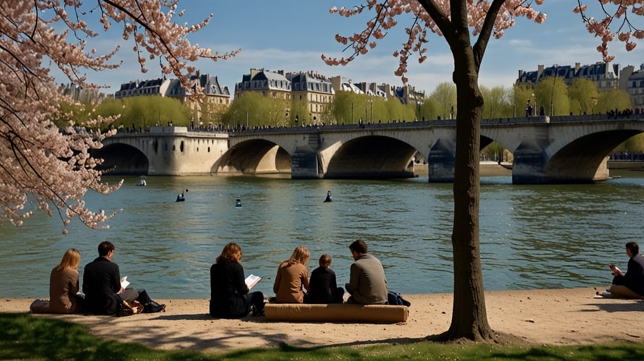 Crowds of Parisians and tourists gather along the Seine River with blooming cherry blossoms and art installations in the background during a lively spring festival.
