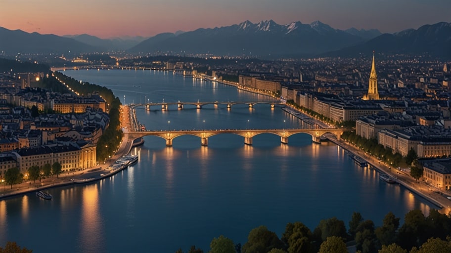 A serene dusk view of Geneva's skyline, featuring the Palais des Nations and Lake Geneva, with soft lights reflecting on the water and distant Alps silhouetted against a pastel sky.