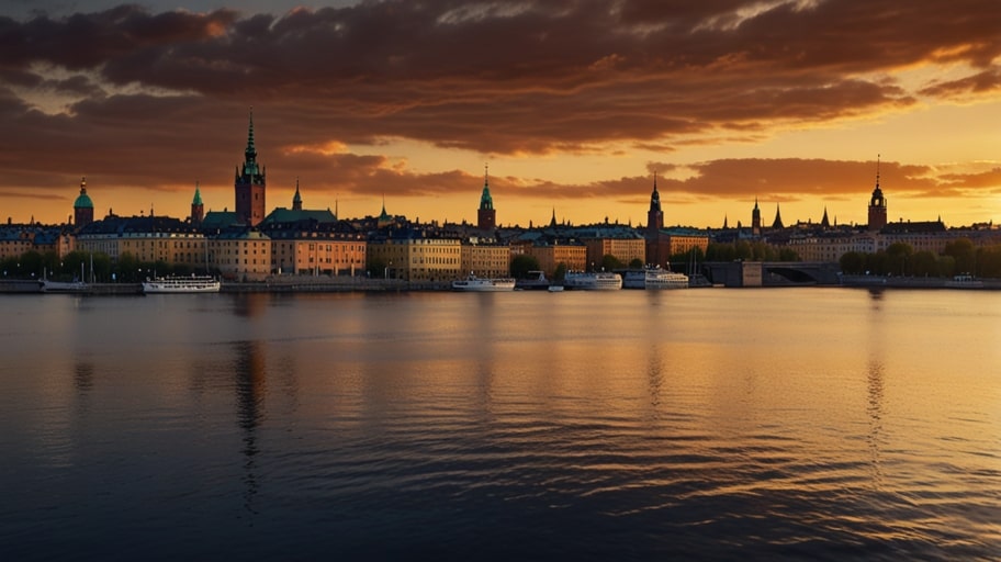 A vibrant dusk view of Stockholm’s skyline, showcasing historic buildings and modern structures illuminated against a colorful sunset sky.