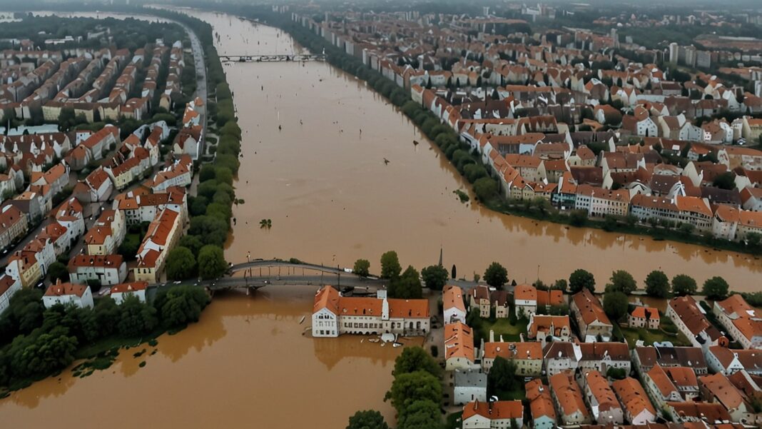 Floodwaters engulf Wroclaw, Poland, as Central Europe faces catastrophic flooding on August 30, 2025, with submerged homes and rescue efforts underway amid rising death tolls.
