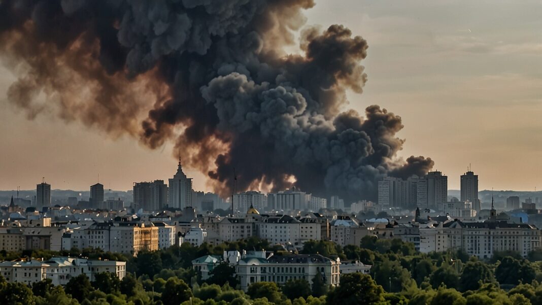 Smoke rises over Kyiv skyline after Russia’s massive missile and drone attack on Ukraine’s energy infrastructure on August 30, 2025, causing widespread destruction and casualties.